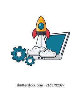 Collection colored thin icon of launching spacecraft on laptop ,gear, ,idea or transportation concept vector illustration.