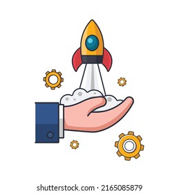 Collection colored thin icon of launching spacecraft on hand, business and finance concept vector illustration.