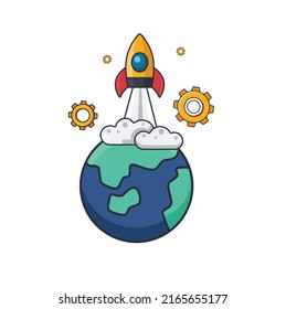 Collection colored thin icon of launching spaceship from the earth, transportation or technology concept vector illustration.