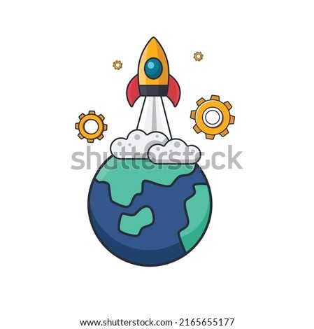 Collection colored thin icon of launching spaceship from the earth, transportation or technology concept vector illustration.