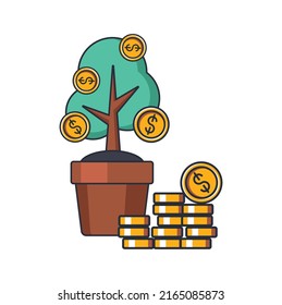 Collection colored thin icon of money coin tree, business and finance concept vector illustration.