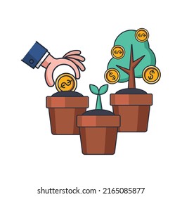 Collection colored thin icon of money coin tree planting, hand, business and finance concept vector illustration.