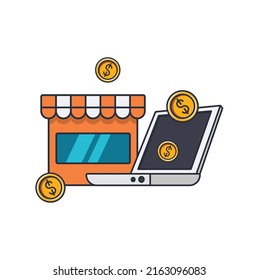 Collection colored thin icon of  online shop, computer, money coin, business and finance concept vector illustration.