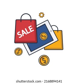 Collection colored thin icon of online shopping, tablet, money coin, business technology concept vector illustration.