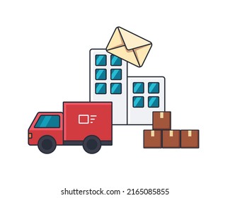 Collection Colored Thin Icon Of Post Office, Delivery Truck, Box, Business And Finance Concept Vector Illustration.