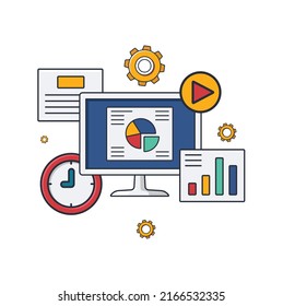 Collection colored thin icon of presentation slides, display, gear, clock, graph, business and technology concept vector illustration.
