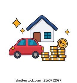 Collection colored thin icon of property, house, money coins, car , business and finance concept vector illustration.