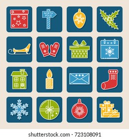 Collection of colored thin line style Christmas icons in square frame