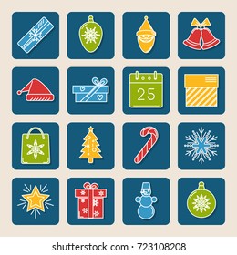 Collection of colored thin line style Christmas icons in square frame
