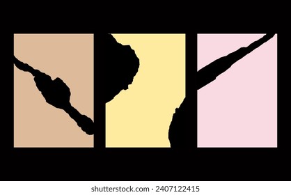 Collection of colored torn paper pieces. Black square frames with Irregular edges.Set of silhouettes of ripped rectangular shapes. Piece of grunge collage stickers.