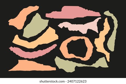 Collection of colored torn paper pieces. Black square frames with Irregular edges.Set of silhouettes of ripped rectangular shapes. Piece of grunge collage stickers.