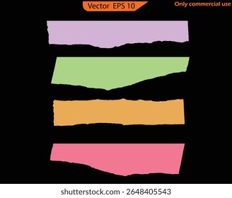 Collection of Colored Torn Paper Pieces and Black Square Frames with Irregular Edges. Set of Ripped Rectangular Silhouettes and Grunge Collage Stickers for Scrapbooking and Design

