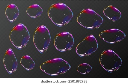 A collection of colored transparent bubble-droplets on a dark background. Use for background images, collages, videos, prints, icons in web design.