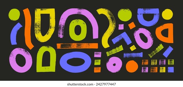 Collection colored various geometric brush drawn shapes. Bold brush drawn geometric elements like curls, squiggles, dashes, ovals and circles. Grunge smears set. Random childish doodle figures.