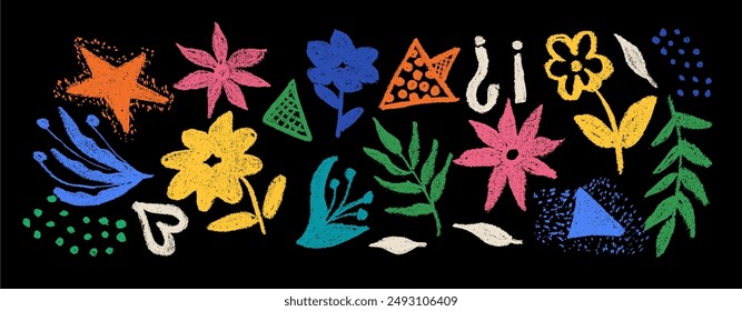 Collection colored various geometric brush drawn shapes and flowers. Flowers, leaves, stars, dot, circles and squiggles.  Vector geometric and botanical figures and objects. 
