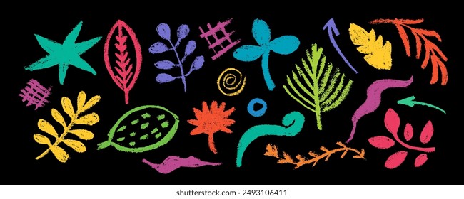 Collection colored various geometric brush drawn shapes and flowers. Flowers, eyes, leaves, stars, dot, circles and squiggles. Bold bright color brush strokes. 