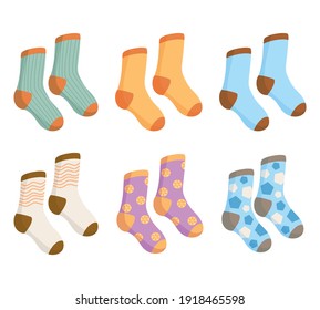 Collection of colored vintage socks in flat style. Socks with patterns isolated on white background
