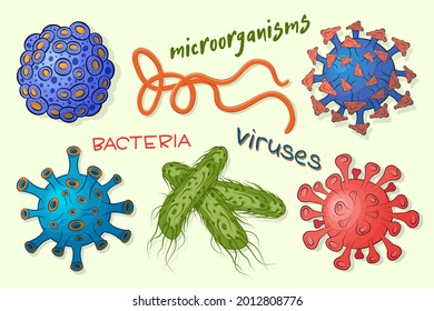 Colección de virus y bacterias coloreados aislados en el fondo de la luz.Texto multicolor brillante.Virus humano, gérmenes, microorganismos,microbe dibujado en forma de dibujos planos.Vector.
