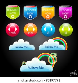 Collection of colored web buttons. Register, Twitter and music themes. Eps 10