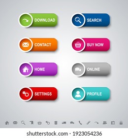 Collection of colored web design buttons with symbols