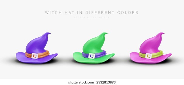 Collection of colored witch hats. 3D illustration on white background. Witchy icons on Halloween theme. Unusual hats. Concept for stores of holiday accessories