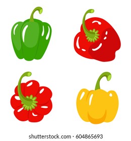 Collection of colored yellow, green and red sweet bulgarian bell peppers, paprika In three colors isolated on white background.