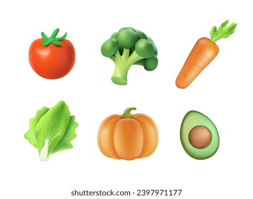 Collection of colorful 3D cartoon fresh delicious vegetables isolated on white background. Bundle of healthy and tasty vegan products, wholesome vegetarian food. 3D cartoon vector illustration