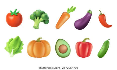 Collection of colorful 3D fresh delicious vegetables isolated on white background. Bundle of healthy and tasty vegan products, wholesome vegetarian food. 3D cartoon vector illustration