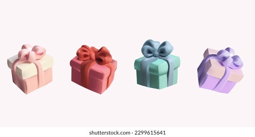 A collection colorful of 3D gift boxes, closed, adorned with ribbons and bows. These floating, contemporary presents evoke a sense of festive surprise. Holiday decoration presents.Vector