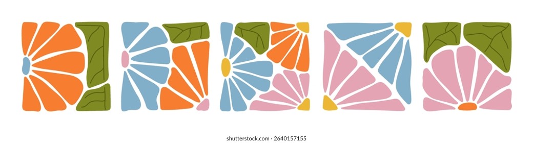 A collection of colorful abstract floral patterns in square frames. Hand-drawn botanical elements in modern boho style. Perfect for textile design, paper crafts, digital projects, and decoration.