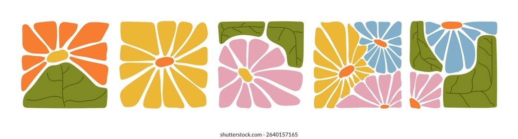 A collection of colorful abstract floral patterns in modern square style. Hand-drawn botanical designs in bold boho style. Perfect for decoration, crafts, textile design, and digital projects.
