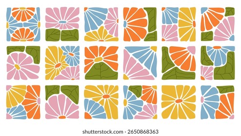 A collection of colorful abstract floral patterns in square frames. Hand-drawn botanical elements in modern boho style. Perfect for textile design, paper crafts, digital projects, and decoration.