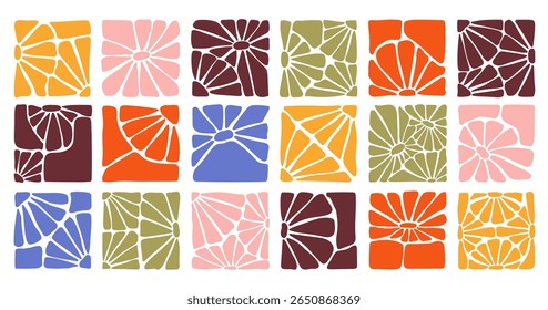 A collection of colorful abstract floral patterns in modern square style. Hand-drawn botanical designs in bold boho style. Perfect for decoration, crafts, textile design, and digital projects.