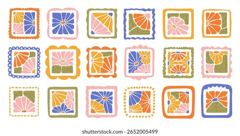 A collection of colorful abstract floral patterns in modern square style. Hand-drawn botanical designs in bold boho style. Perfect for decoration, crafts, textile design, and digital projects.