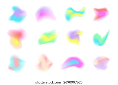 Collection of colorful abstract gradient shapes with blur neon glow. Iridescent abstract light fluid mesh forms, vibrant holographic in various forms. Vector