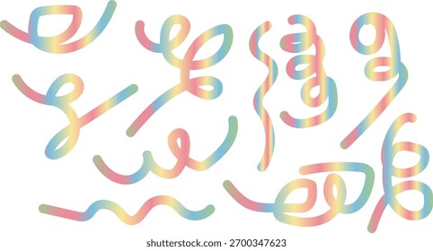 Eine Sammlung bunter, abstrakter, handgezeichneter Kritzeleien und Linien in pastellfarbenen Regenbogentönen, einzeln auf weißem Hintergrund.