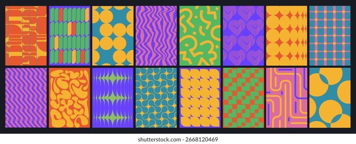 Colección de patrones abstractos coloridos. Geométricas, diferentes formas. Diseño para cartel, cubierta, tarjeta, folleto, Fondo de pantalla. Diseño retro.