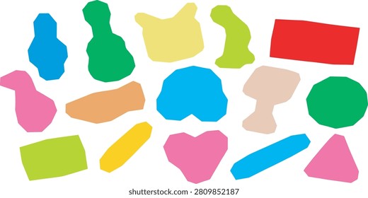 A collection of colorful, abstract shapes scattered across a white background. The shapes vary in size and form, including a heart, a rectangle, and organic blobs.