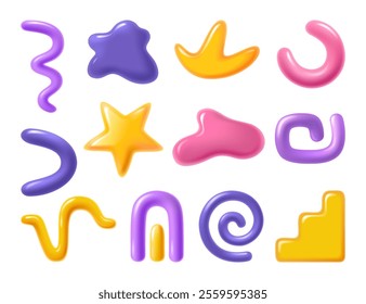 A collection of colorful abstract shapes in various forms, including stars, swirls, and curves, on a white background.
