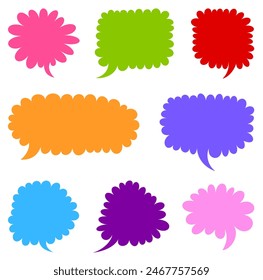 A collection of colorful abstract speech bubbles with scalloped edges on a white background, perfect for creative dialogue and communication themes.