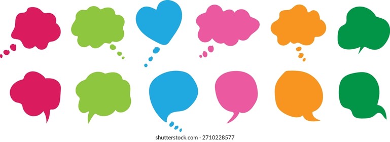 Una colección de burbujas de discurso abstractas y coloridas y nubes de pensamiento en varias Formas y tamaños, aisladas sobre un fondo blanco.