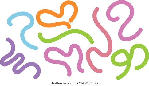 A collection of colorful, abstract, squiggly lines and shapes isolated on a transparent background.