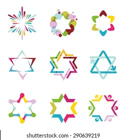 collection of colorful abstract star icons, symbols and graphic elements, vector illustration