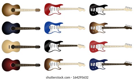 Collection of colorful acoustic, electric and bass guitars illustration