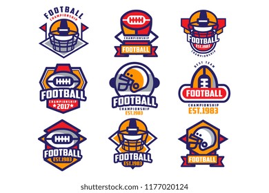 Collection of colorful American football logo. Labels with oval-shaped rugby balls and protective helmets. Sports emblems. Flat vector design for team badge