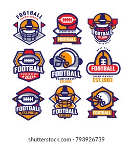 Collection of colorful American football logo. Labels with oval-shaped rugby balls and protective helmets. Sports emblems. Flat vector design for team badge