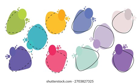 A collection of colorful, amorphous blobs with rough, textured outlines on a white background. Each shape has a unique hue and subtle internal details.