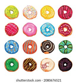 Collection of colorful appetizing donuts isolated on white background. Detailed illustrations.
