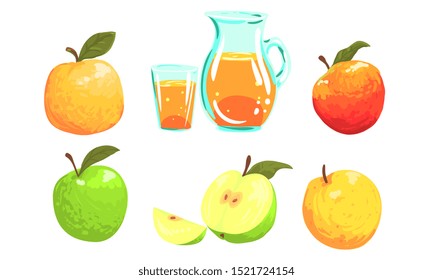 Collection of Colorful Apples, Red, Green, Yellow Whole and Sliced Fruit, Apples Juice Vector Illustration