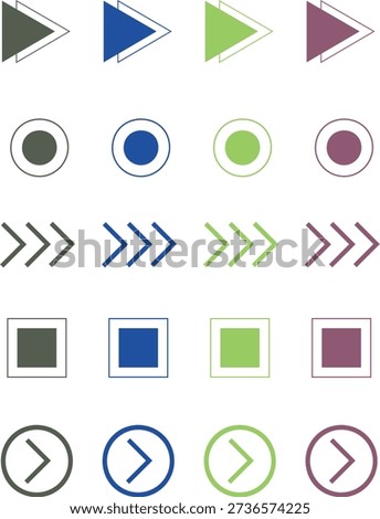 Collection of Colorful Arrow and Bullet Point Vector Icons
Flat Design Navigation and List Marker Symbols
Set of Simple Geometric Icons for Web and Print
Vector Graphics: Arrows, Circles, Squares, and Chevrons